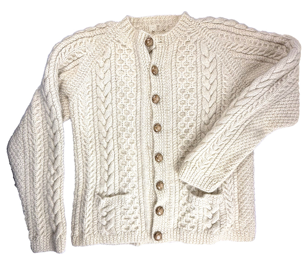 Aran Cardigan Womens Medium Cream Handmade Popcorn Knit Irish Fisherman VTG
